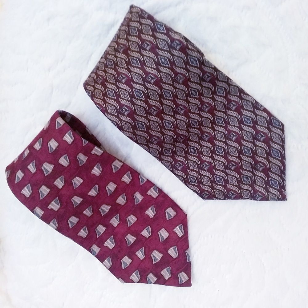 Geoffrey Beene Pierre Cardin Set of 2 Silk Ties Burgundy Designs Made in USA
